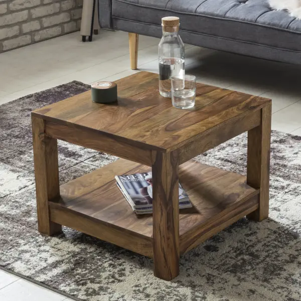 FineBuy Couchtisch Massivholz 60×60 cm · Quadratischer Wohnzimmertisch mit Ablage · Handgefertigter Echtholztisch im natürlichen Design