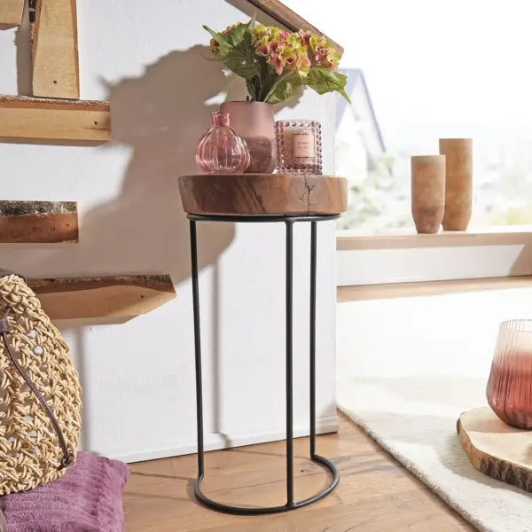 FineBuy Beistelltisch Massiv-Holz Wohnzimmer-Tisch Metallbeine Landhaus Baumstamm-Form Echt-Holz Natur Farbe wählbar FineBuy Beistelltisch Massiv-Holz Wohnzimmer-Tisch Metallbeine Landhaus Baumstamm-Form Echt-Holz Natur Farbe wählbar