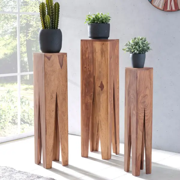 FineBuy Beistelltisch 3er Set Massivholz Satztisch Quadratisch Modern, Beige