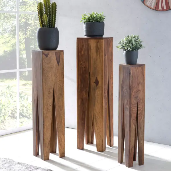 FineBuy Beistelltisch 3er Set Massivholz Satztisch Quadratisch Modern, Braun