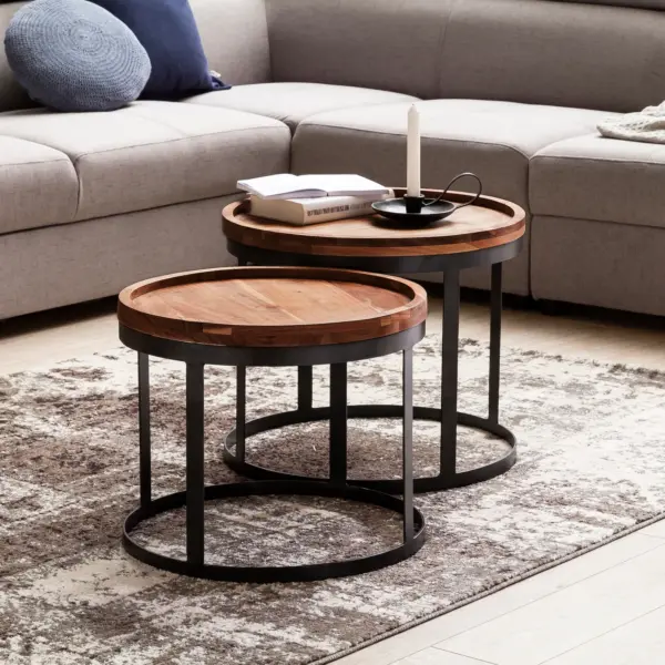 FineBuy Couchtisch 2er Set Massivholz rund, Braun