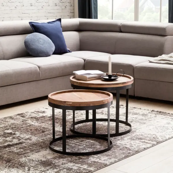FineBuy Couchtisch 2er Set Massivholz rund, Beige
