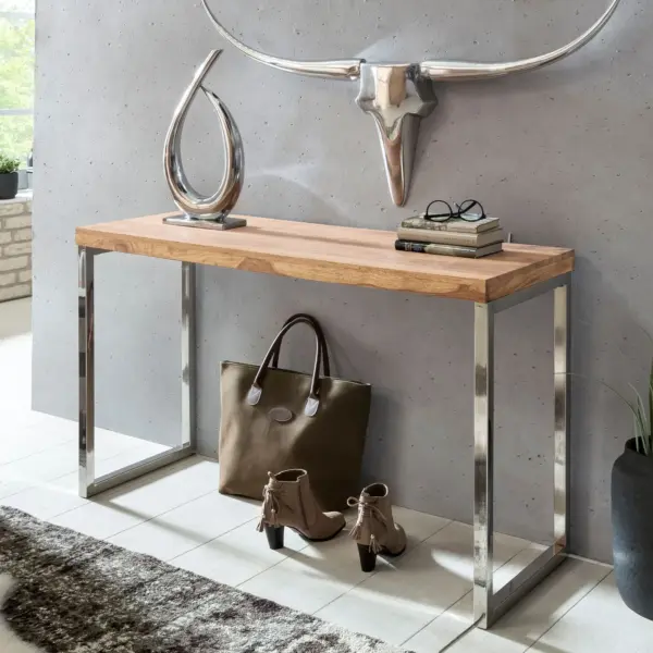 FineBuy Konsolentisch Massivholz Konsole mit Metallbeinen Schreibtisch, Beige – 120 × 45 cm