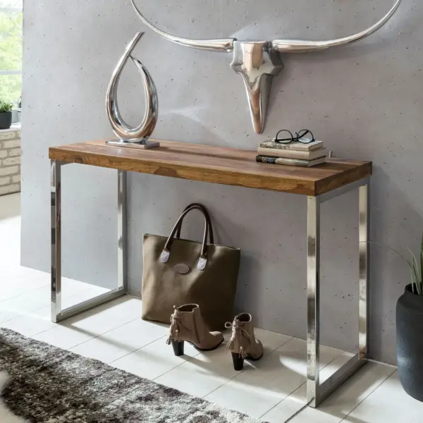 FineBuy Konsolentisch Massivholz Konsole mit Metallbeinen Schreibtisch, Braun – 120 × 45 cm