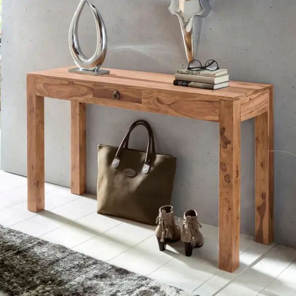FineBuy Konsolentisch Massivholz Konsole mit 1 Schublade Schreibtisch, Beige – 120 × 40 cm