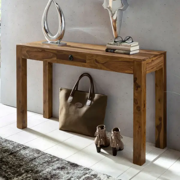 FineBuy Konsolentisch Massivholz Konsole mit 1 Schublade Schreibtisch, Braun – 120 × 40 cm