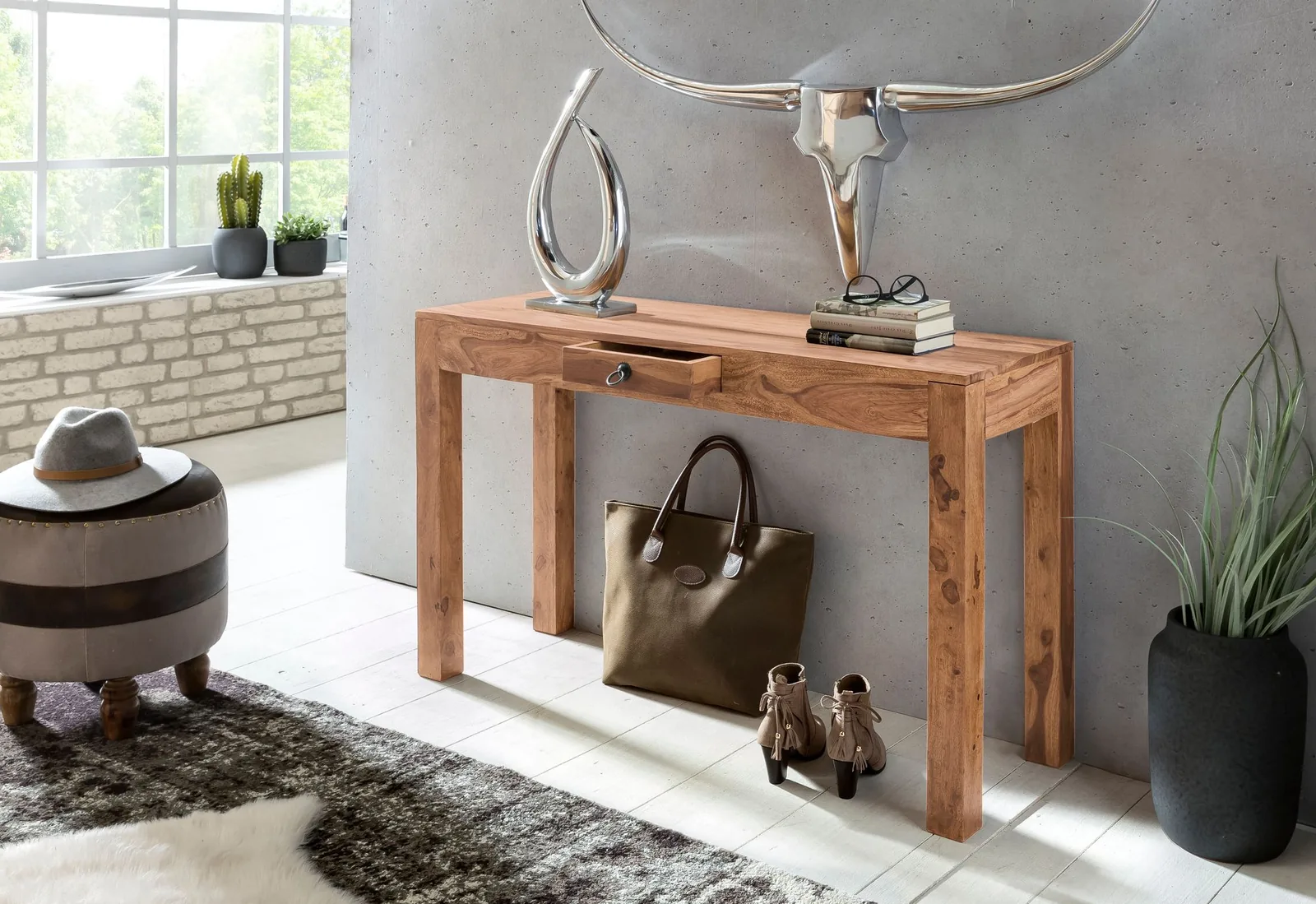 FineBuy Konsolentisch Massivholz Konsole mit 1 Schublade Schreibtisch, Braun – 120 × 40 cm