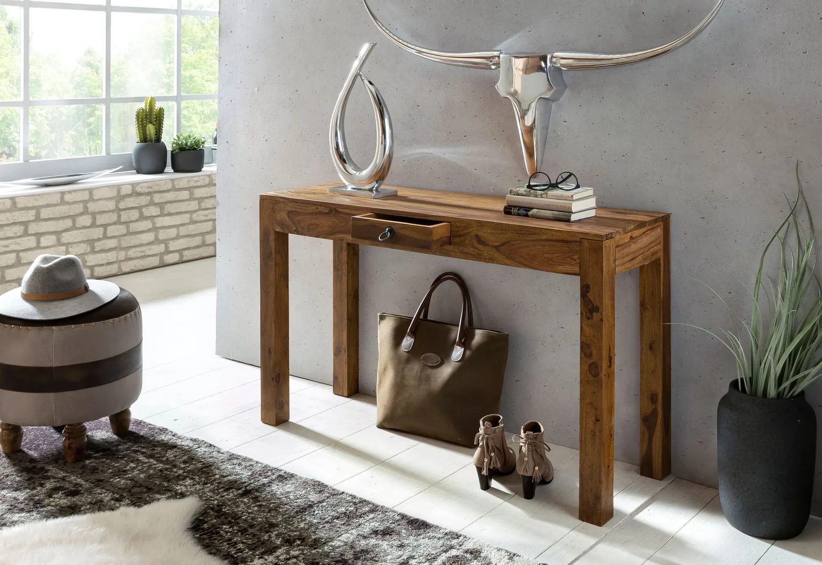 FineBuy Konsolentisch Massivholz Konsole mit 1 Schublade Schreibtisch, Braun – 120 × 40 cm