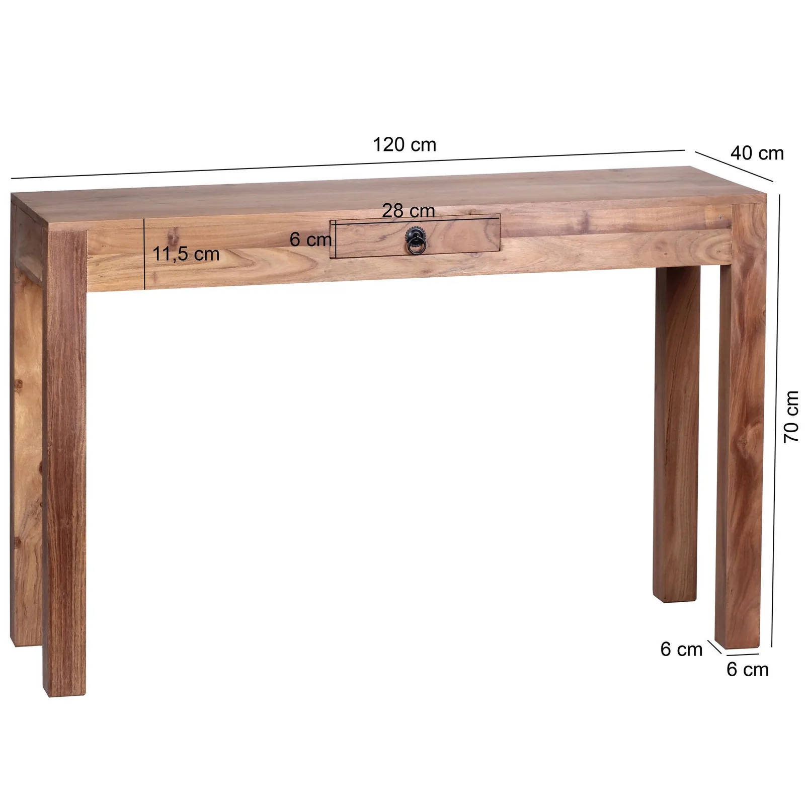 FineBuy Konsolentisch Massivholz Konsole mit 1 Schublade Schreibtisch, Braun – 120 × 40 cm