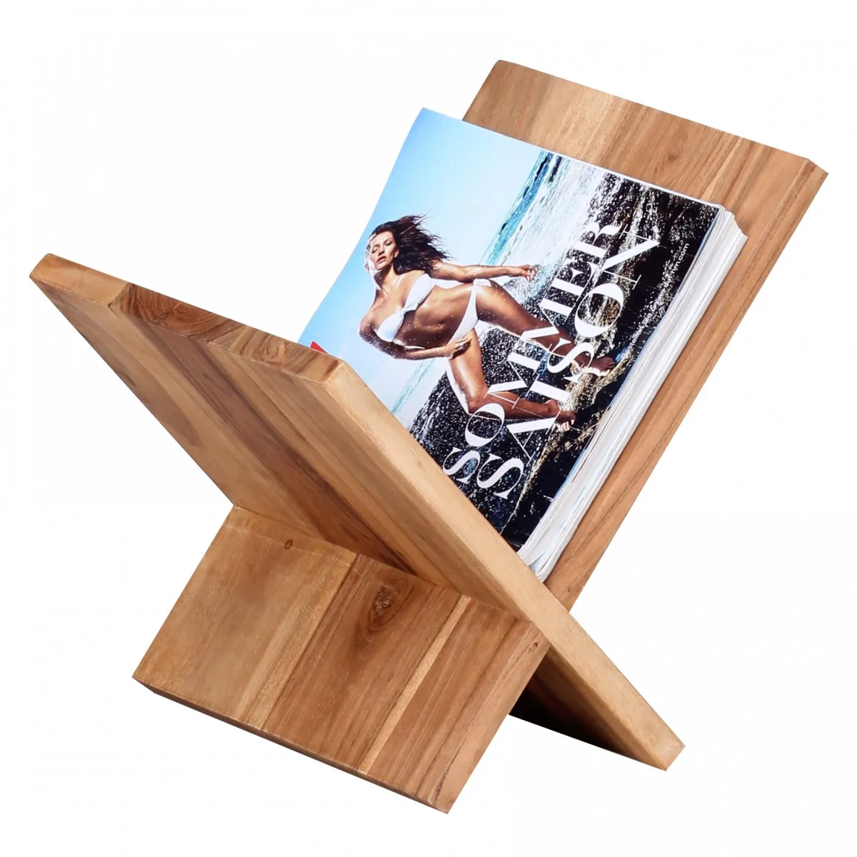 FineBuy Zeitungsständer Massivholz X-Form, Braun – 31 cm