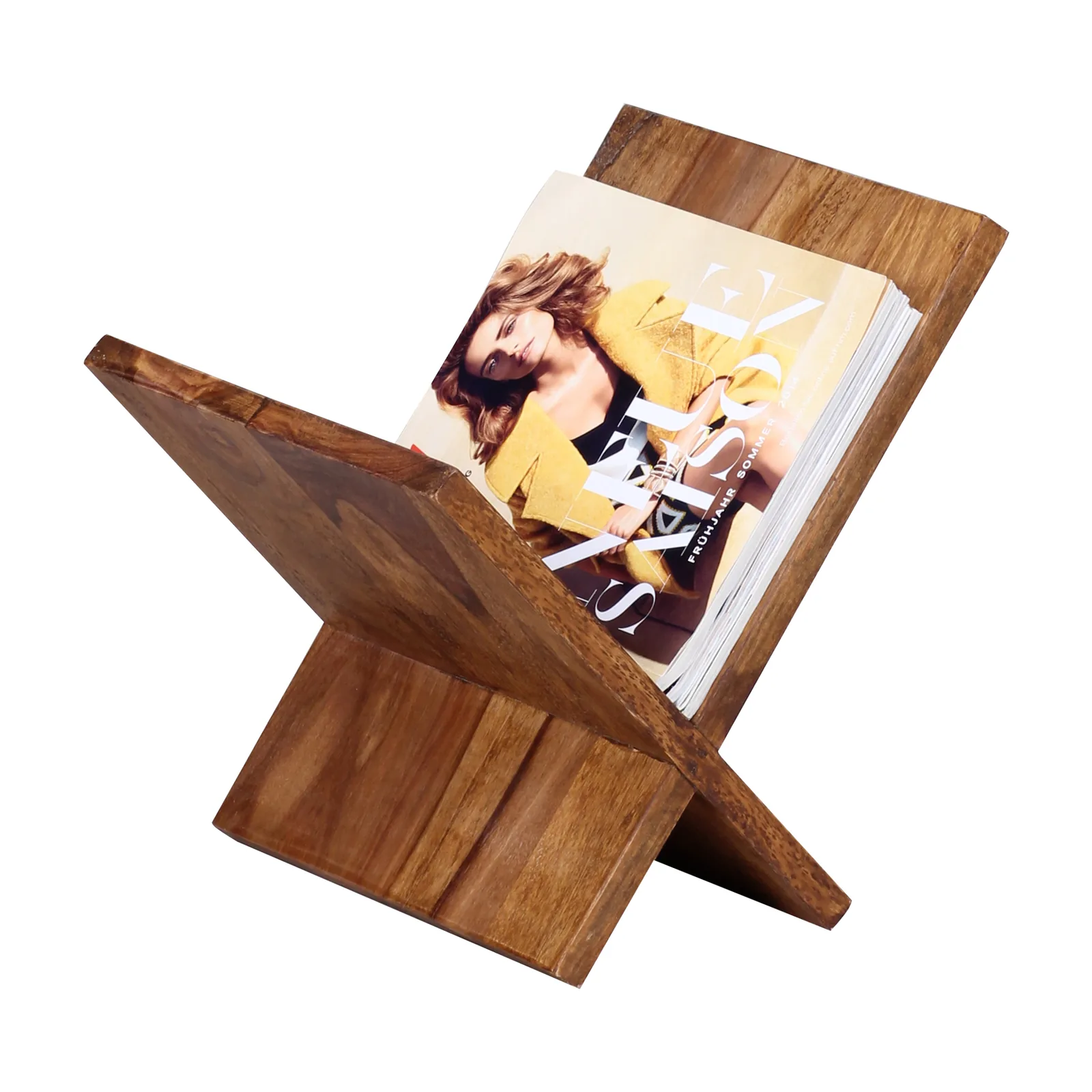 FineBuy Zeitungsständer Massivholz X-Form, Braun – 31 cm