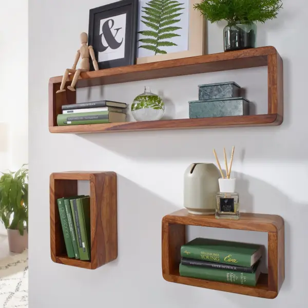 FineBuy Design Wandregal 3er Set Massiv Holzregale Landhausstil, Braun