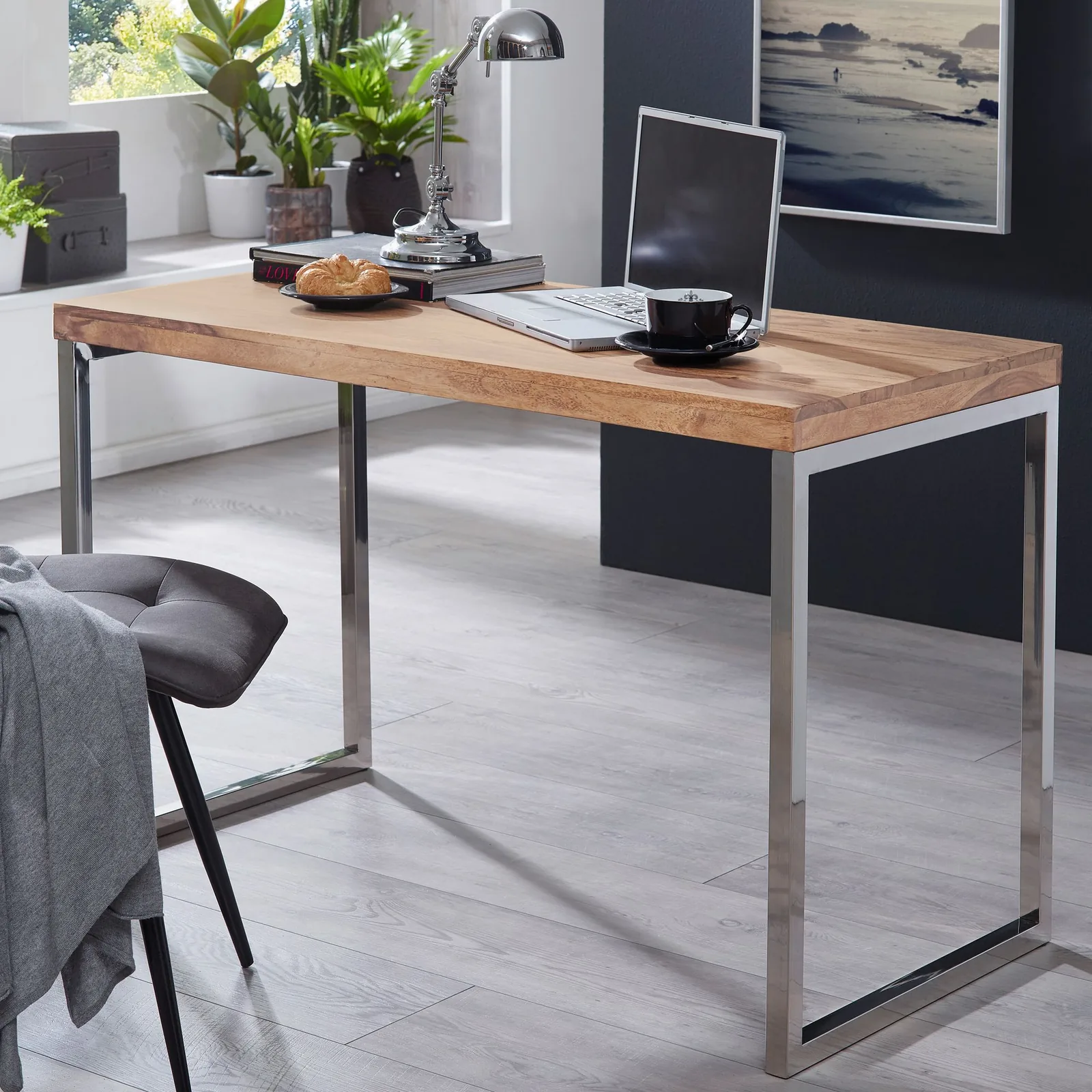 FineBuy Schreibtisch Massivholz Computertisch, Beige – 120 × 60 cm