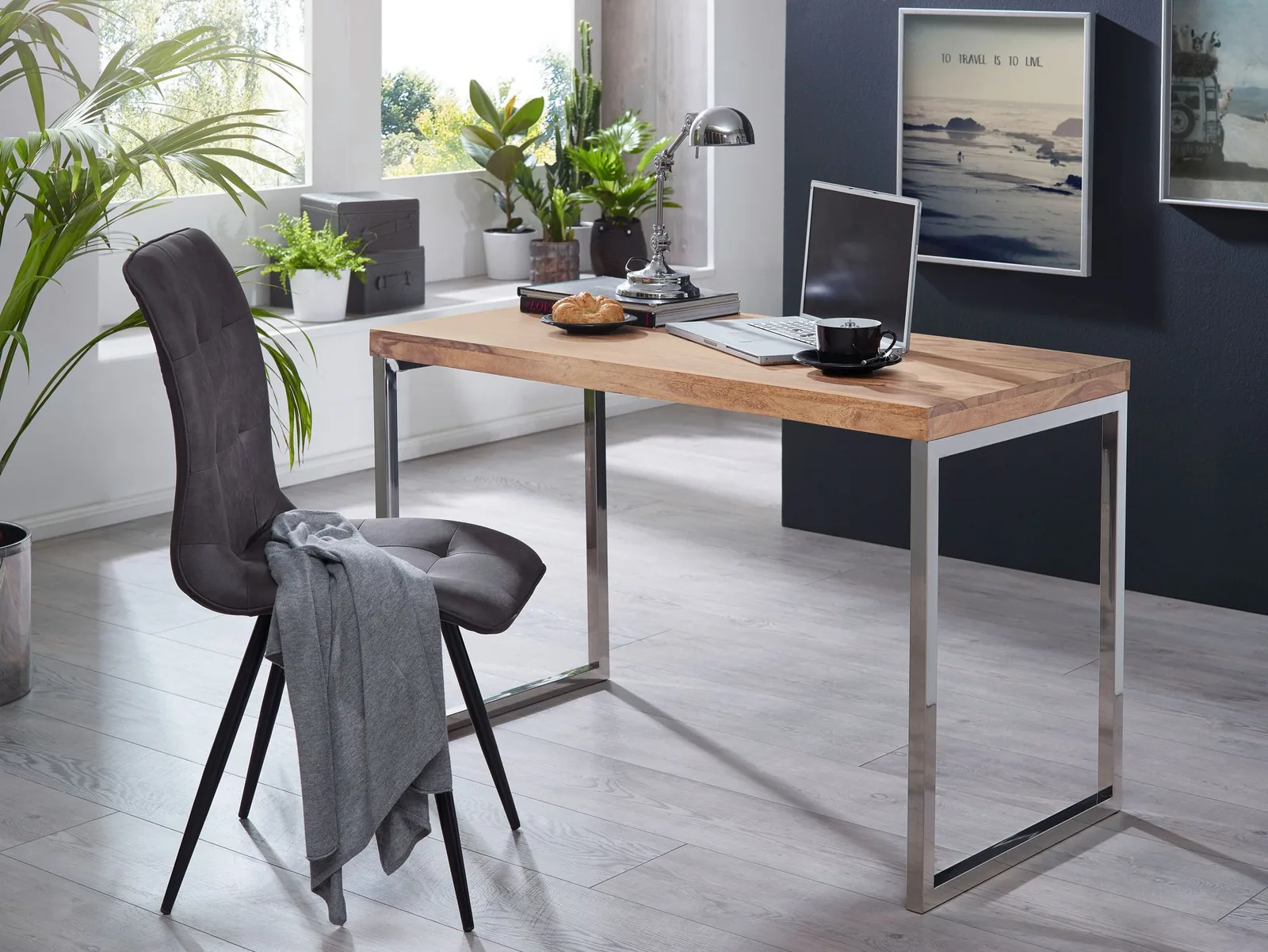 FineBuy Schreibtisch Massivholz Computertisch, Beige – 120 × 60 cm