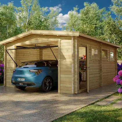 Große Fertiggarage mit Schwingtor “Deluxe B” 4x5m aus Holz