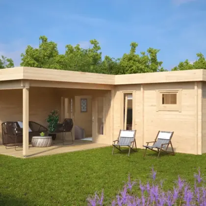 Gartenhaus mit Sauna und Terrasse “Hansa A” 7x7m aus Holz