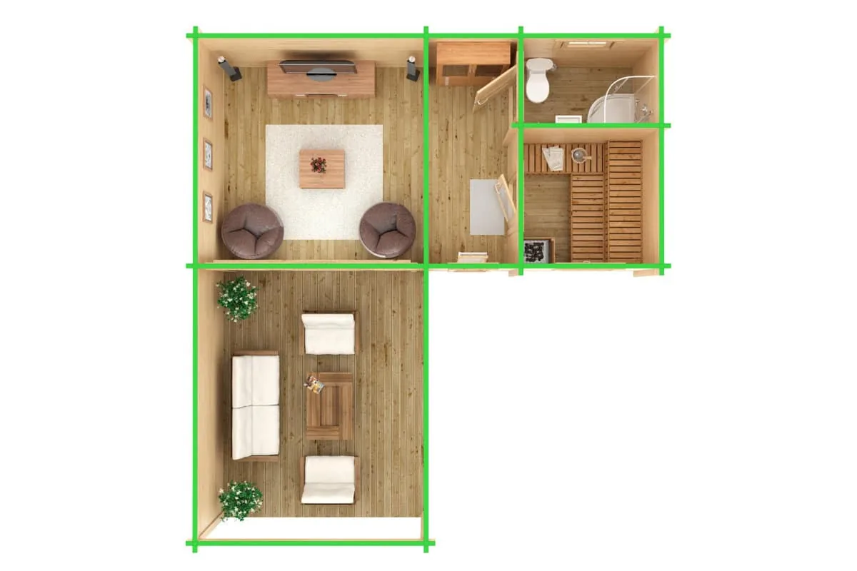 Gartenhaus mit Sauna und Terrasse “Hansa B” 7x7m