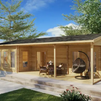 Blockhaus mit Terrasse “Hansa Holiday C” 11x6m aus Holz Blockhaus mit Terrasse “Hansa Holiday C” 11x6m aus Holz