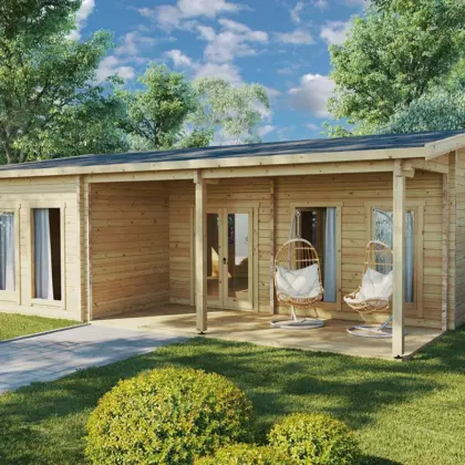 Blockhaus mit drei Schlafzimmern “Hansa Holiday D” 9x8m aus Holz Blockhaus mit drei Schlafzimmern “Hansa Holiday D” 9x8m aus Holz