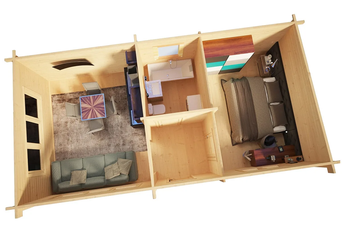 Blockhaus mit einem Schlafzimmer “Holiday I” 9x5m aus Holz