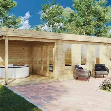 Gartenhaus mit Schuppen und Terrasse “Super Jacob E” 9x4m aus Holz Gartenhaus mit Schuppen und Terrasse “Super Jacob E” 9x4m aus Holz