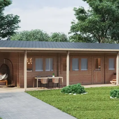 Blockhaus mit 2 Schlafzimmern und Terrasse “Edward” 13x6m Blockhaus mit 2 Schlafzimmern und Terrasse “Edward” 13x6m