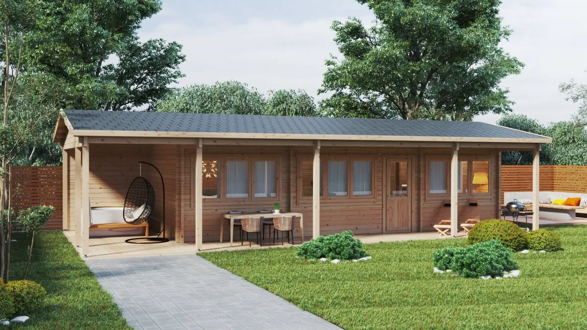 Blockhaus mit 2 Schlafzimmern und Terrasse “Edward” 13x6m