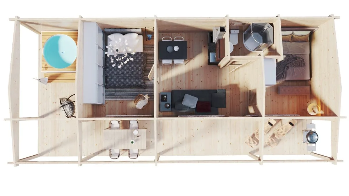 Blockhaus mit 2 Schlafzimmern und Terrasse “Edward” 13x6m