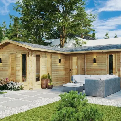 Eck-Blockhaus mit Schlafzimmer “Devon 1” 8x8m