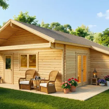 Blockhaus mit Schlafboden “Dallas” 7x7m aus Holz Blockhaus mit Schlafboden “Dallas” 7x7m aus Holz