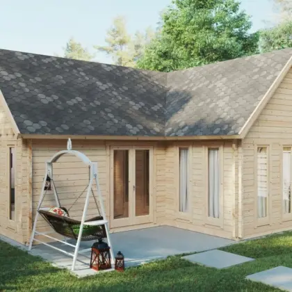 Blockhaus mit Schlafboden “Hansa Holiday Q” 8x9m Blockhaus mit Schlafboden “Hansa Holiday Q” 8x9m