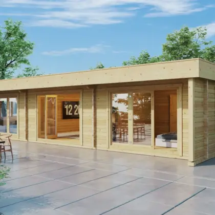 Blockhaus mit zwei Schlafzimmern “Holiday S1” 12x7m aus Holz