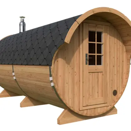 Große Fasssauna mit Vordach 4x2m aus Holz