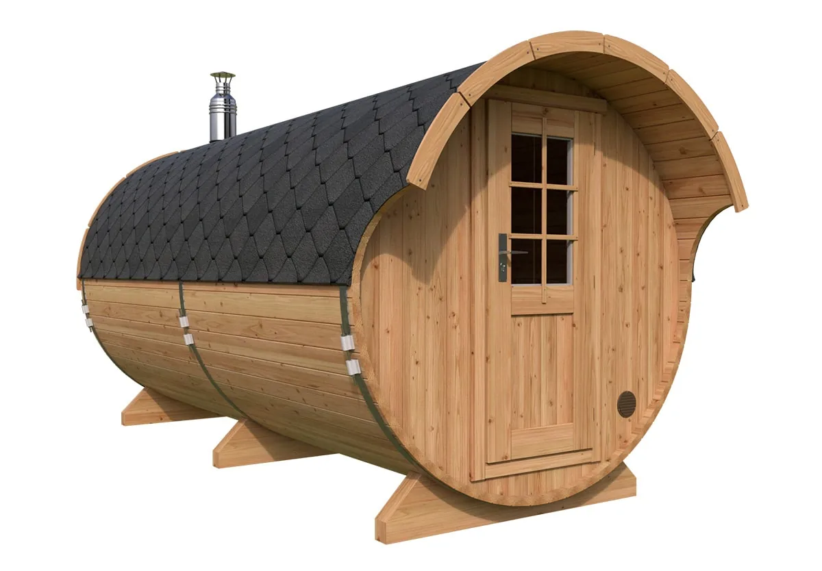 Große Fasssauna mit Vordach 4x2m aus Holz