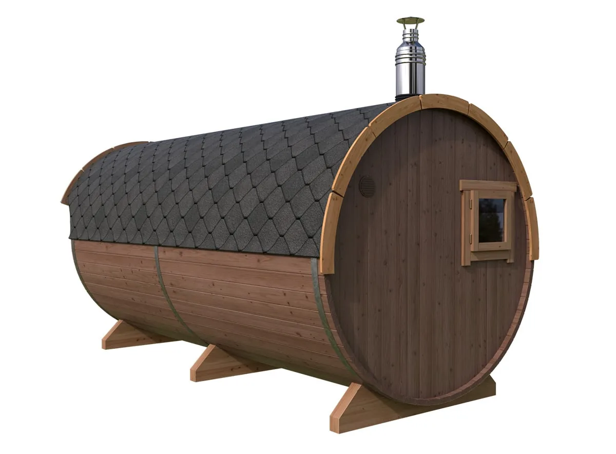 Große Fasssauna mit Vordach 4x2m aus Holz