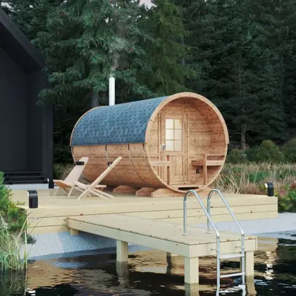 Große Fasssauna mit Terrasse 4x2m aus Holz