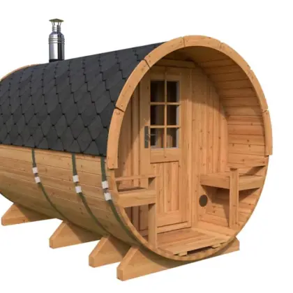 Fasssauna „Standard“ mit Terrasse 3x2m aus Holz