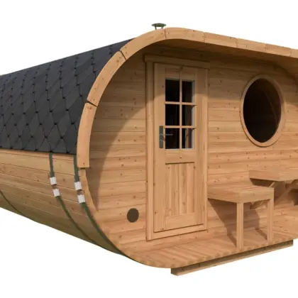 Großes Fasssauna Oval „Deluxe“ 4x4m aus Holz