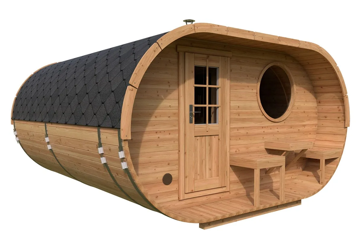 Großes Fasssauna Oval „Deluxe“ 4x4m aus Holz