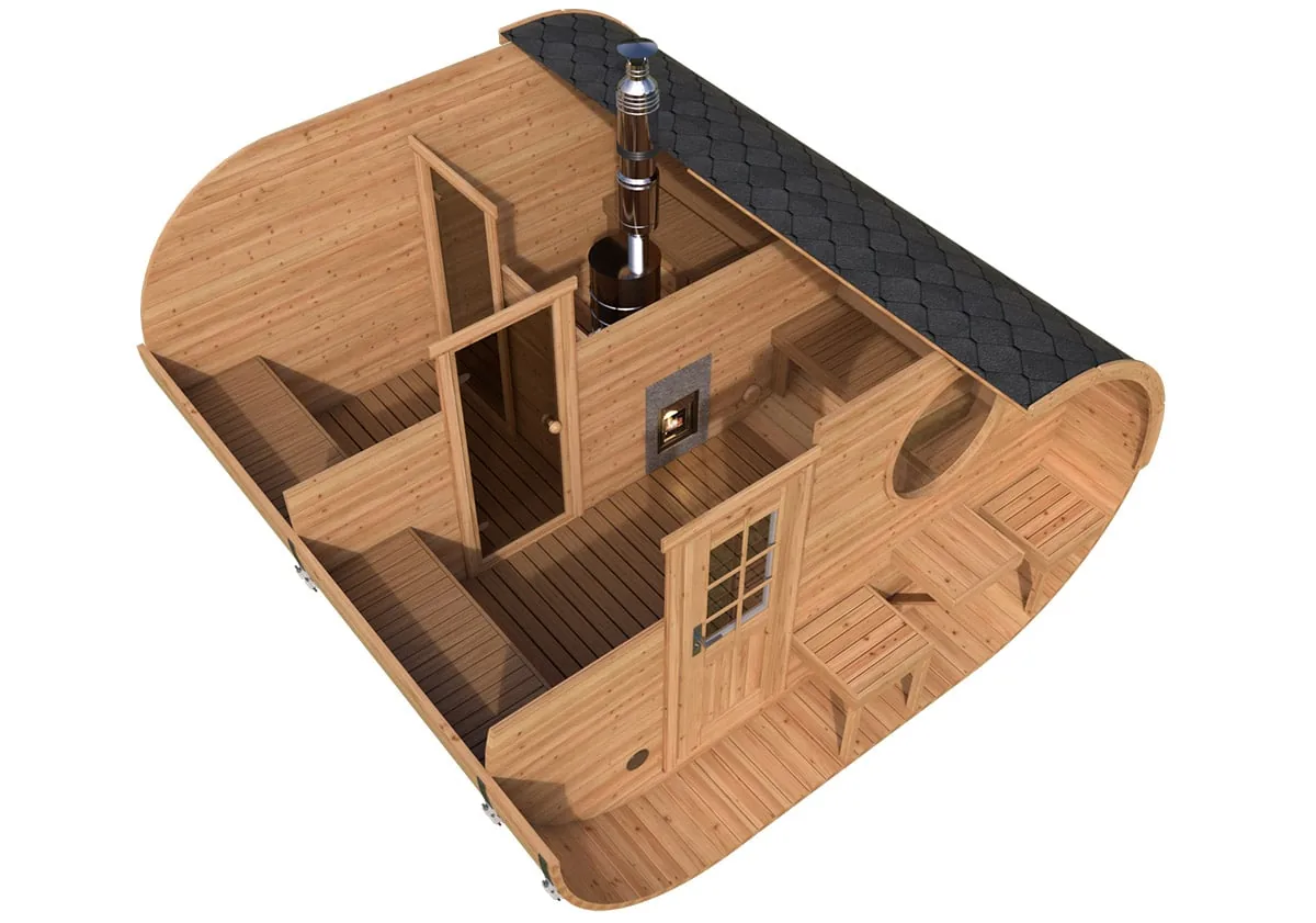 Großes Fasssauna Oval „Deluxe“ 4x4m aus Holz