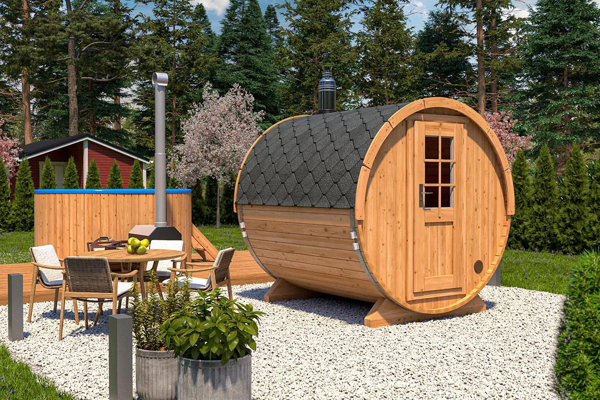 Kleine Fasssauna 2x3m aus Holz