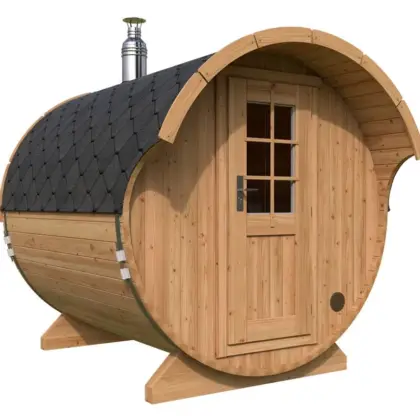 Kleine Fasssauna mit Vordach 2x3m aus Holz