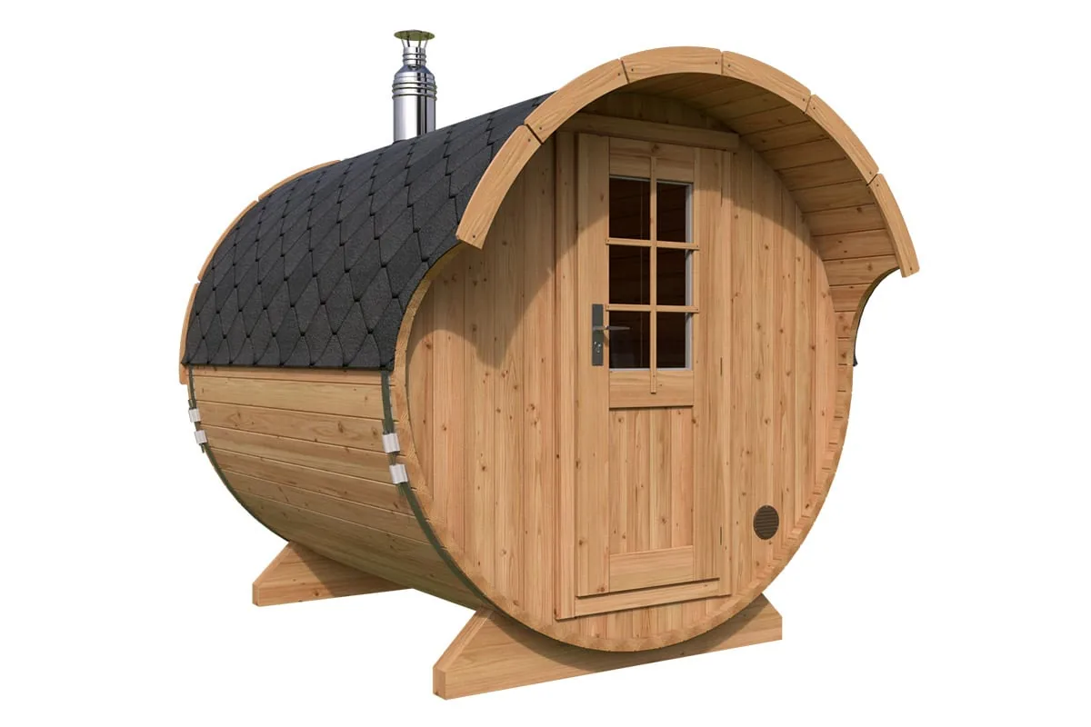 Kleine Fasssauna mit Vordach 2x3m aus Holz