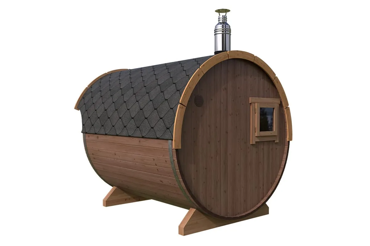 Kleine Fasssauna mit Vordach 2x3m aus Holz