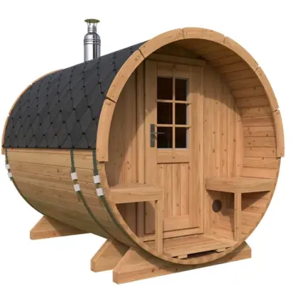 Kleine Fasssauna mit Terrasse 2x3m aus Holz