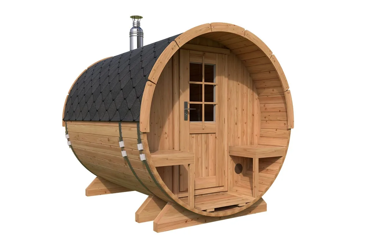 Kleine Fasssauna mit Terrasse 2x3m aus Holz