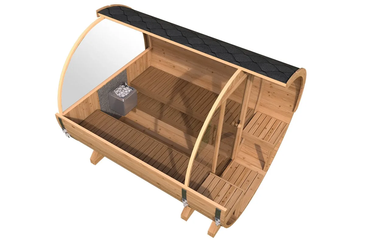 Kleine Fasssauna mit Terrasse 2x3m aus Holz