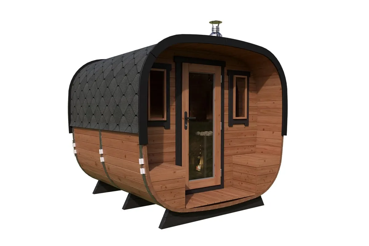 Kleine Moderne Fasssauna aus Holz, 2 × 2,5 m
