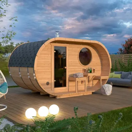 Kleine Ovale Fasssauna aus Holz, 4 × 2,5 m