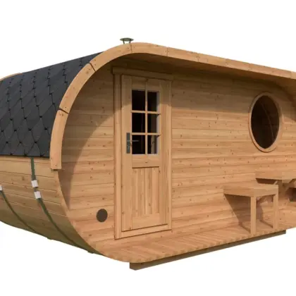 Ovale Fasssauna aus Holz, 5 × 2,5 m